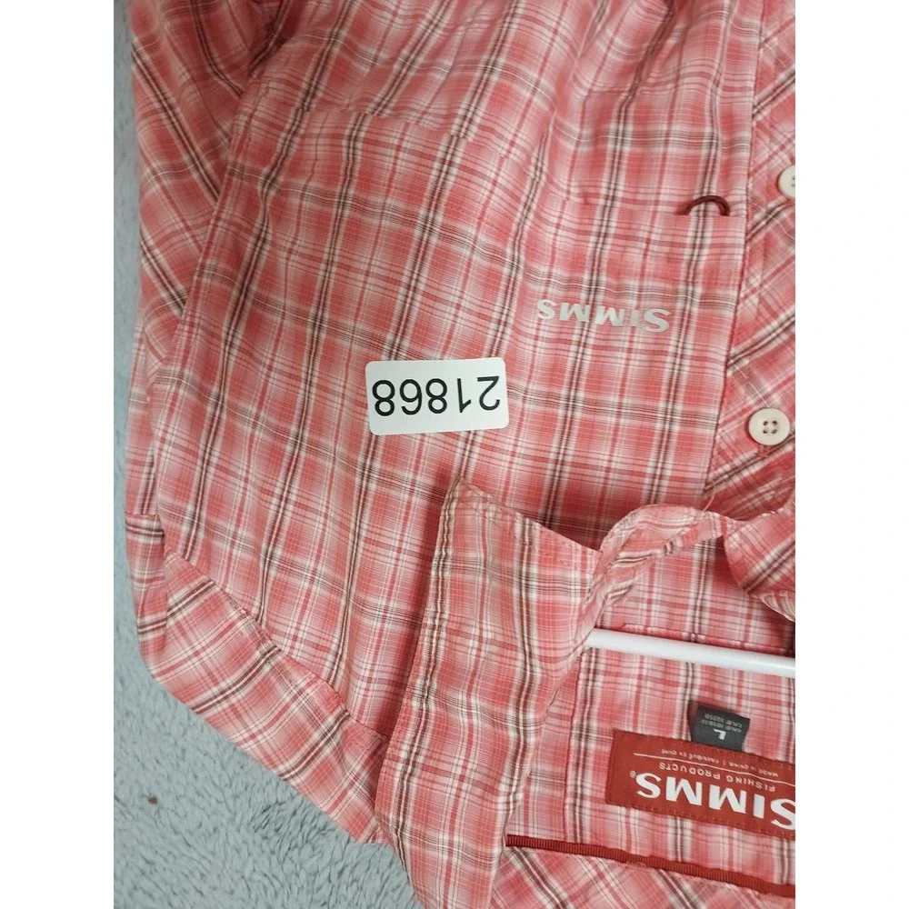 Simms Shirt Mens Large Fishing Plaid Long Sleeve Nylon Blend Pink Zip Pocket EUC